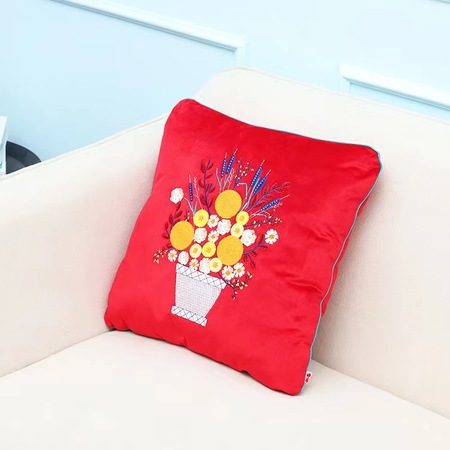 紅色花開富貴抱枕 cushion