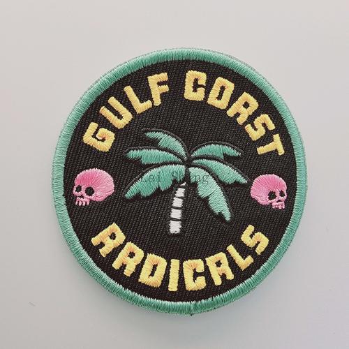 圓形斜佈底繡花椰樹骷髏頭 粉黃色