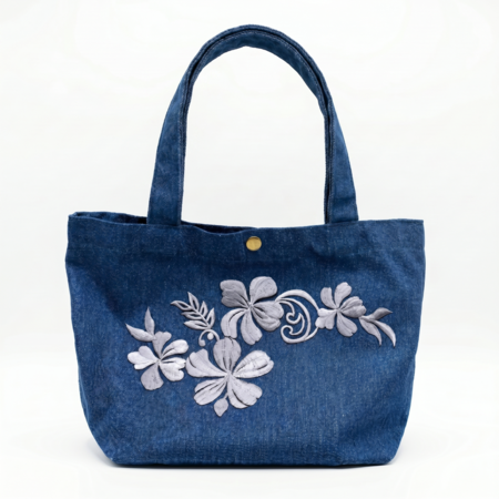 精美花卉刺繡深色丹寧手提袋